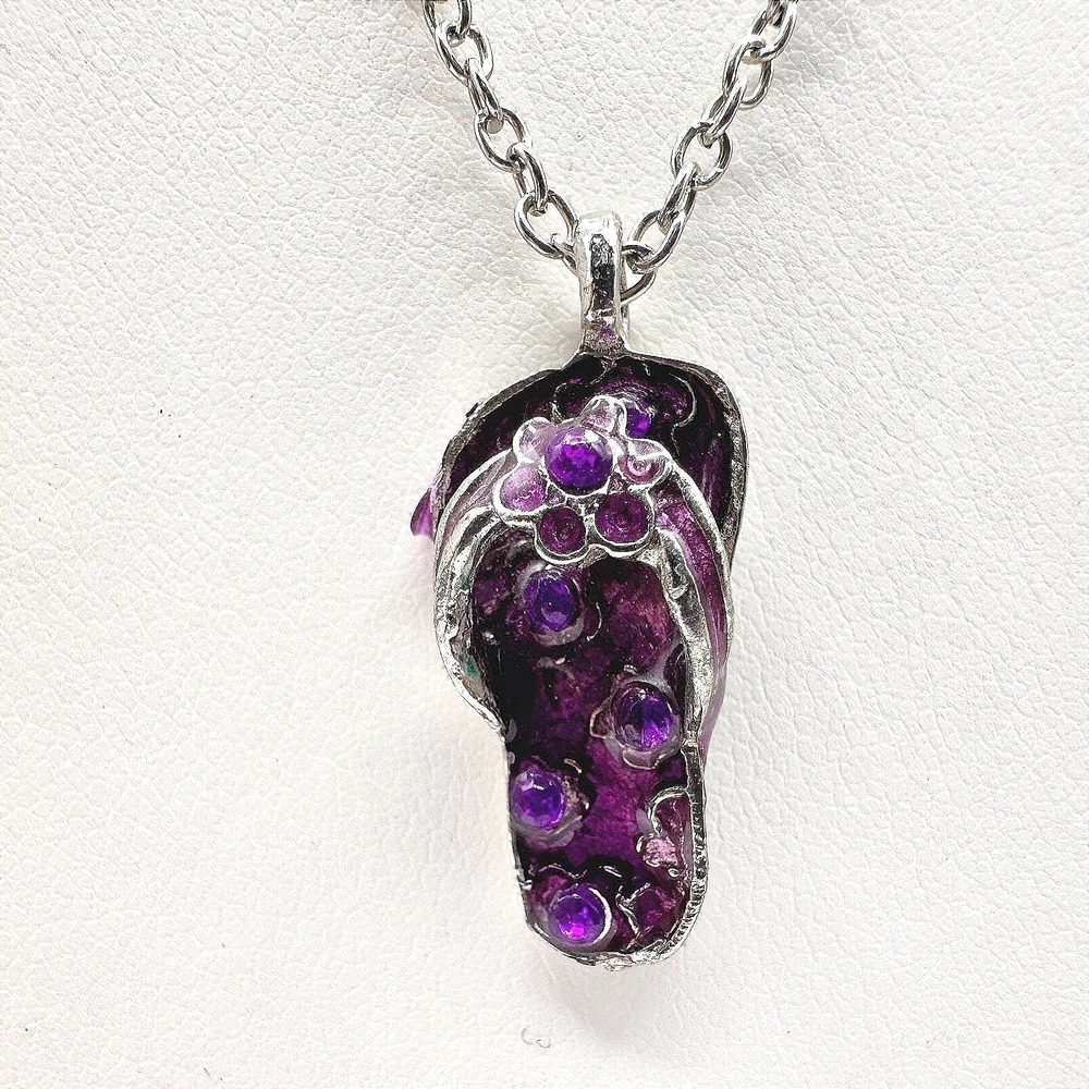 Vintage 80s Summer Beach Vibe Silver-Tone Flop & Purple Stones Necklace jewelry‎